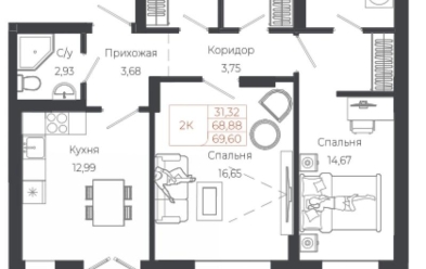 Продается 2 комн.