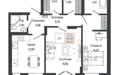 Продается 2 комн.
