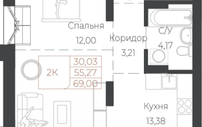 Продается 2 комн.