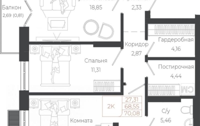 Продается 2 комн.